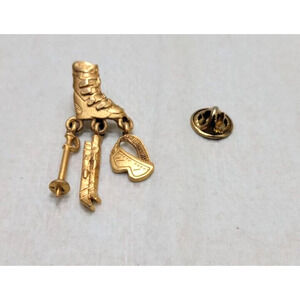 JJ Jonette Gold Tone Ski Boot Hanging Charms Lapel Pin Back 1.75"H x .75"W